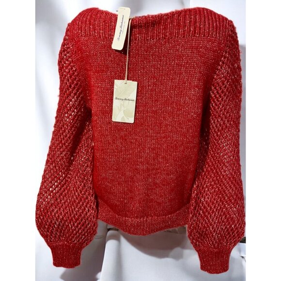 Tommy Bahama Holiday Red Balloon Sleeve Sweater Metallic Threading Medium NEW - Picture 4 of 10